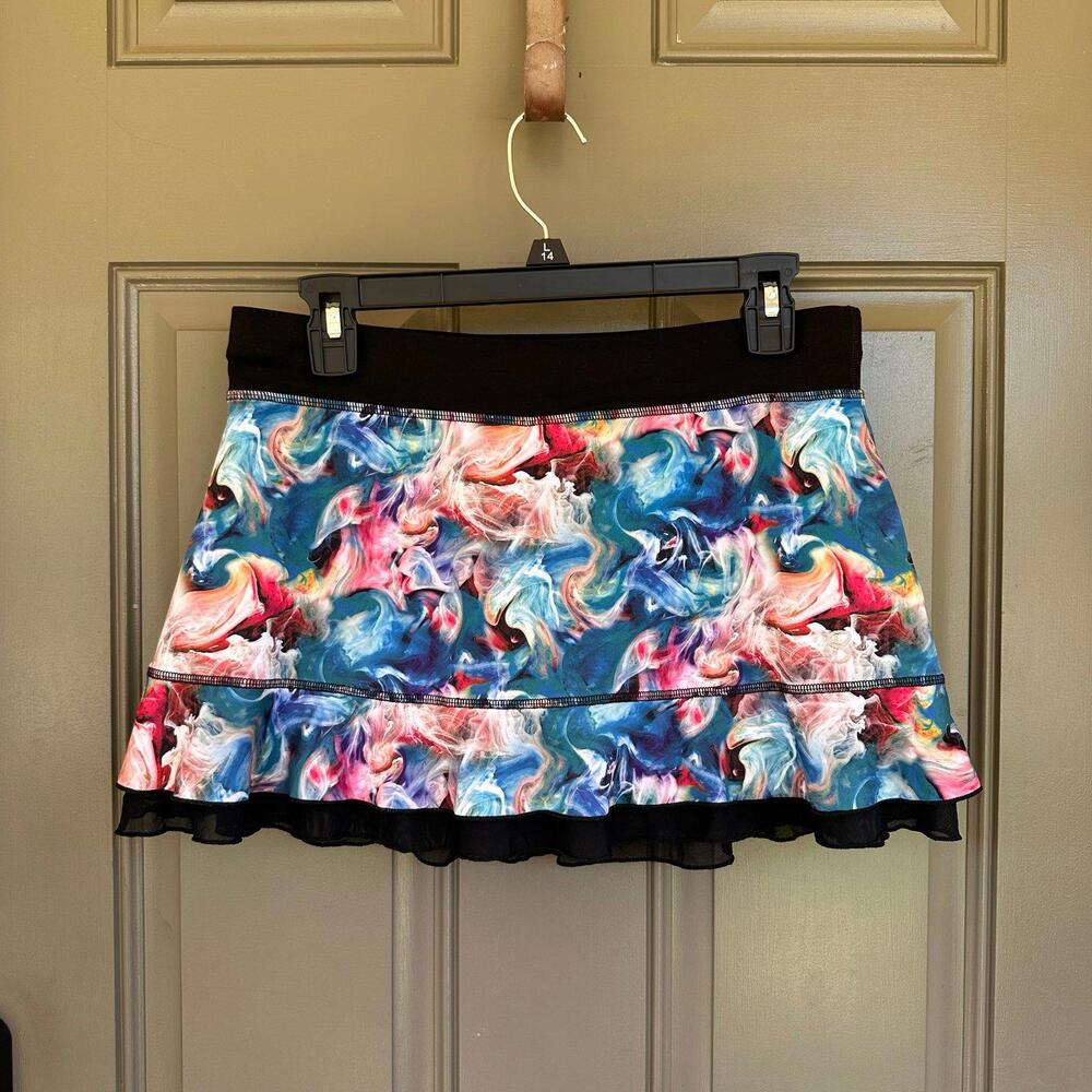 Multicolor Abstract Swirl Ruffle Skort - Black Waistband